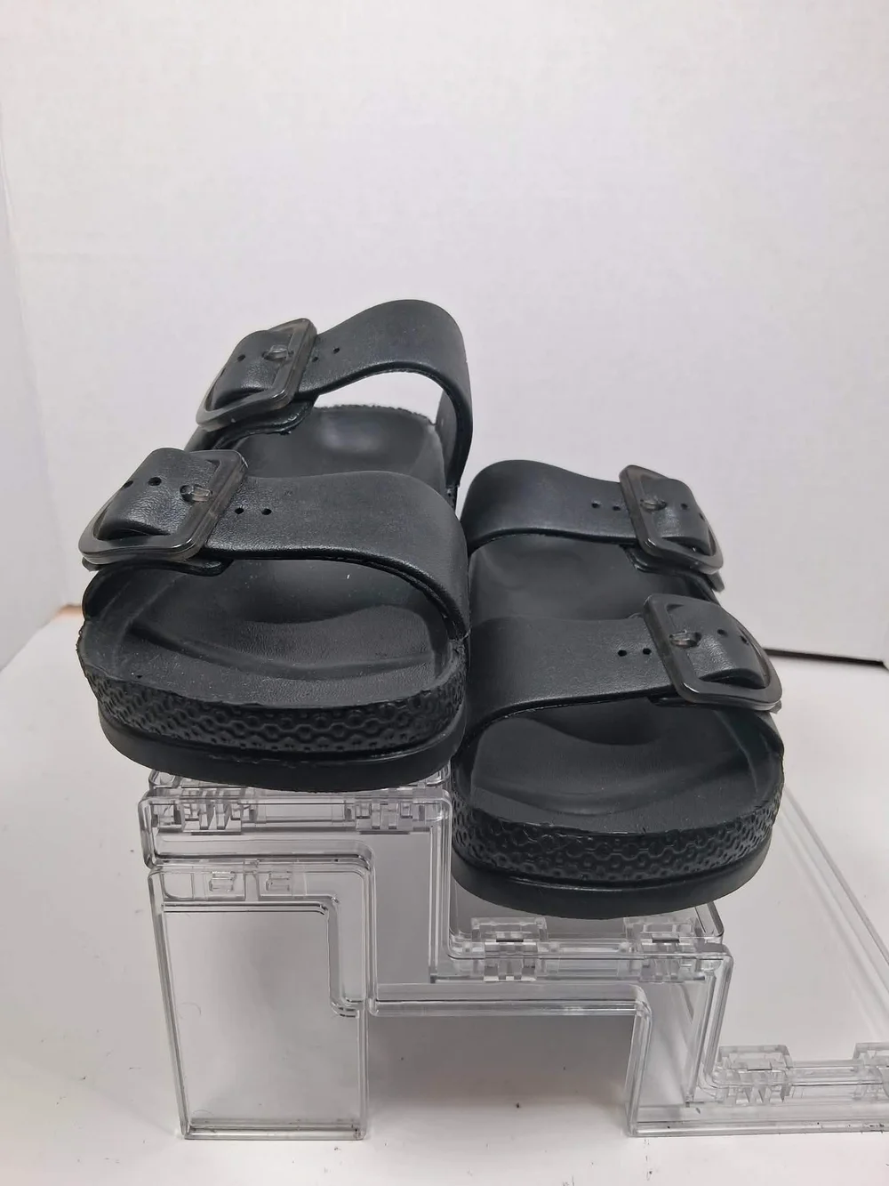 Men's Black Double Buckle Slide Sandals Adjustable Straps Synthetic US 7